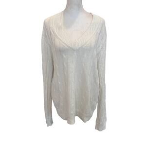 Brooks Brothers Ivory Linen V-Neck Cable Knit Sweater Womens Size Large